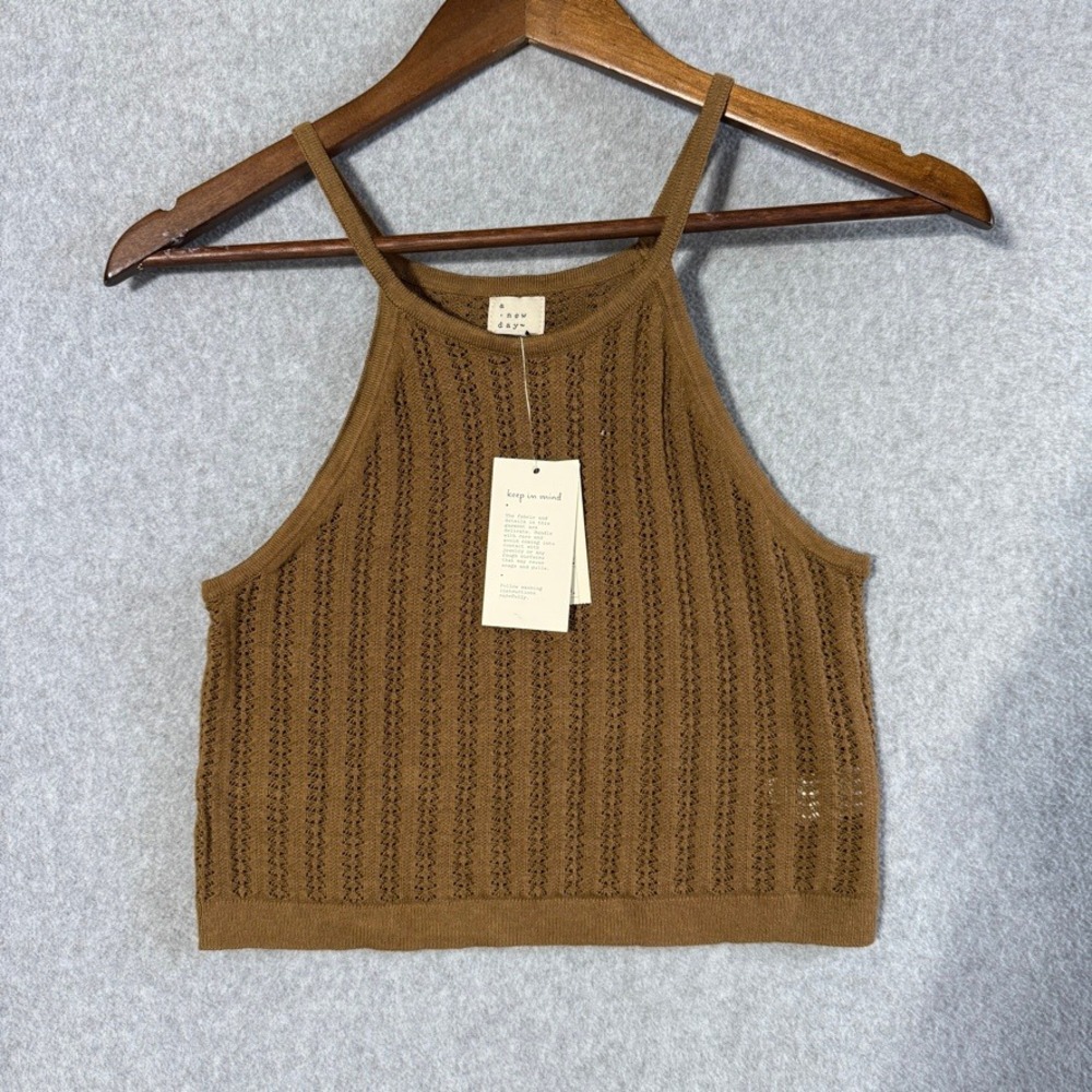 A New Day Halter Tank Top Boho S Brown NWT Pointelle Knit Cropped High Neck